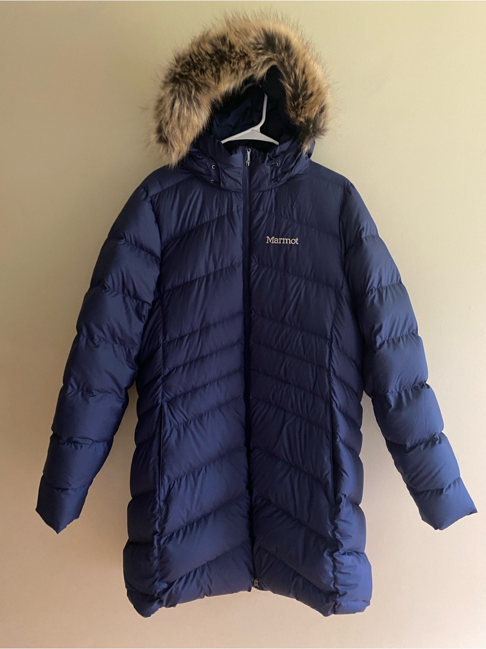 Marmot XXL Women’s 3/4 Length Down Montreal Navy Hooded Puffer Coat Faux Fur